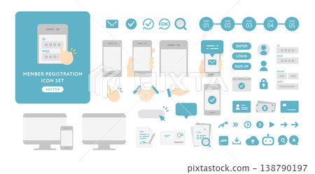 一套用於智慧型手機操作的向量圖標，可用於會員註冊和帳戶建立流程。扁平化設計，藍色。 138790197