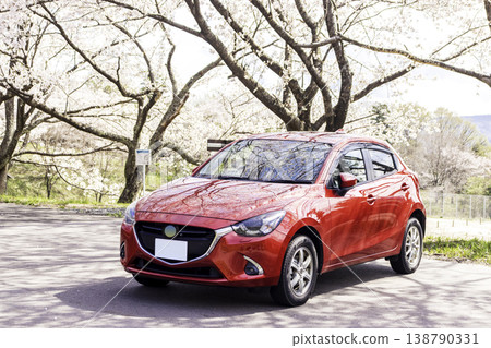一輛紅色汽車停在櫻桃樹下。 138790331