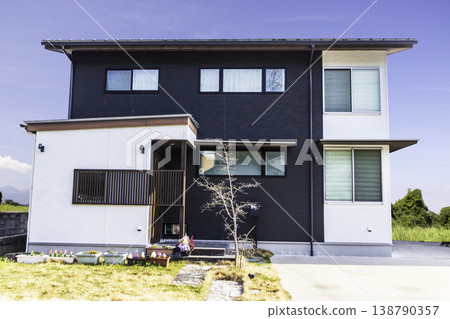 Simple modern house exterior with a symbolic tree 138790357