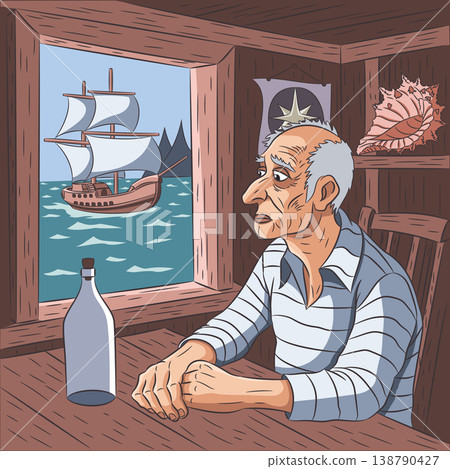 Old sailor sitting in wooden tavern by window vector illustration 138790427