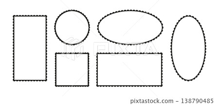 Scalloped frame. Set of scalloped edge rectangle, ellipse, circle, square shapes. Label forms. Silhouette lace black frame, background. Abstract elements for tag, sticker. Scalloped frame. Set of scalloped edge rectangle, ellipse, circle, square shapes. Label forms. Silhouette lace black frame, background. Abstract elements for tag, sticker. 138790485