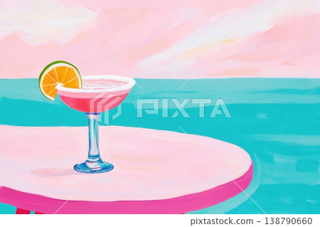 Serene Seaside Cocktail Setting. Tranquil Summer Ambiance Featuring Colorful Glass On Coast 138790660