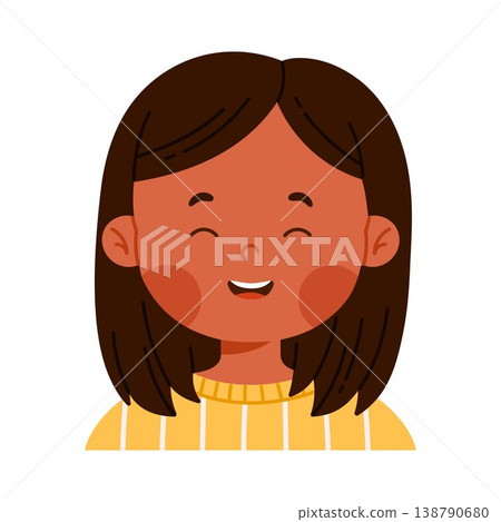 Laughing cute girl character with joyful facial expression. Facial expression concept. Happy child avatar with positive emotion. Kid apps and emotion education concept. Isolated illustration Laughing cute girl character with joyful facial expression. Facial expression concept. Happy child avatar with positive emotion. Kid apps and emotion education concept. Isolated illustration 138790680