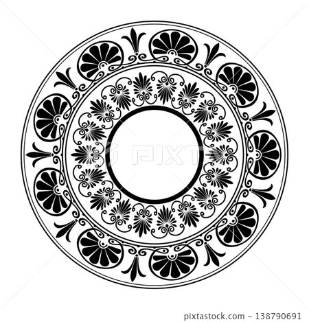 Black round frame, Greek key floral meander. Circular frame Greek palmette ornament. Classic antique border for luxury label, textile, engraving, embroidery, porcelain, Mediterranean ceramic, plate Black round frame, Greek key floral meander. Circular frame Greek palmette ornament. Classic antique border for luxury label, textile, engraving, embroidery, porcelain, Mediterranean ceramic, plate 138790691