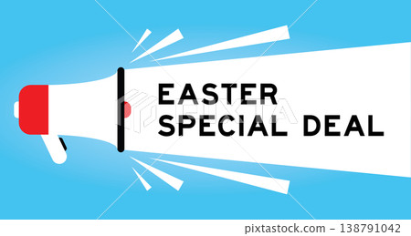 Color megaphone icon with word easter special deal in white banner on blue background Color megaphone icon with word easter special deal in white banner on blue background 138791042