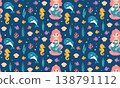 Seamless pattern with mermaid, dolphins and seahorses on blue background 138791112
