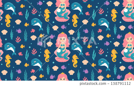 Seamless pattern with mermaid, dolphins and seahorses on blue background Seamless pattern with mermaid, dolphins and seahorses on blue background 138791112