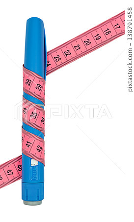 GLP-1 injection pen wrapped with measuring tape vertical isolated on clean background GLP-1 injection pen wrapped with measuring tape vertical isolated on clean background 138791458
