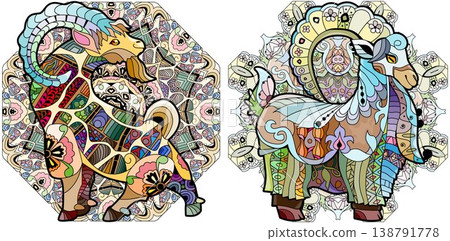 Set of decorative goats. Hand drawn decorative vector illustration on mandala Set of decorative goats. Hand drawn decorative vector illustration on mandala 138791778