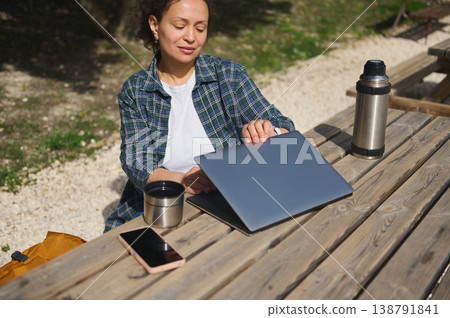 Close up of woman closing laptop outdoors Close up of woman closing laptop outdoors 138791841