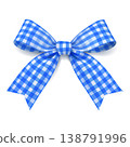 Blue gingham ribbon bow with curled loops and tails isolated on white gift wrap decoration for invitations packaging and holiday design 138791996