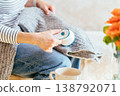 Close up of woman holding fabric shaver above gray knitted clothing during home care routine. unrecognizable person, soft textile, garment upkeep, lint removal, domestic maintenance. 138792071