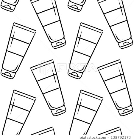 Black and white pattern of cream tubes in doodle style. Minimalist seamless repeat for professional skincare lines, beauty packaging or cosmetic catalogs 138792173