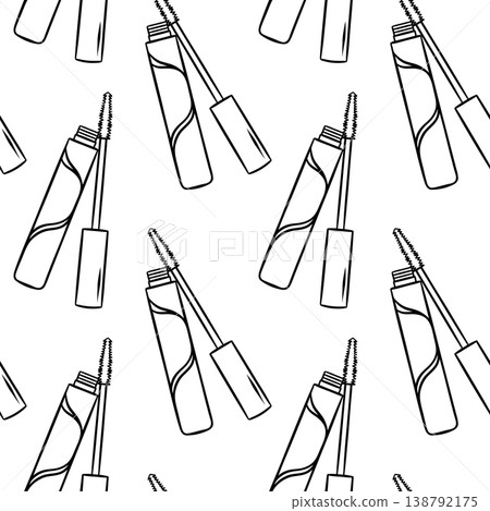 Mascara, simple black and white pattern in doodle and sketch style. Hand-drawn repeating design for cosmetic packaging, beauty branding or makeup product labels 138792175