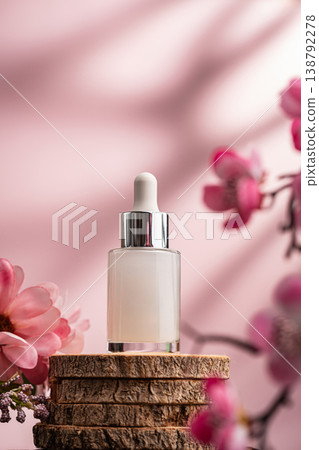 Glass serum bottle with dropper and pink flowers on wooden surface 138792278