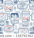 Blue Portuguese sardines cans seamless pattern. Vector la dolce vita print with line drawing fish tins. 138792362