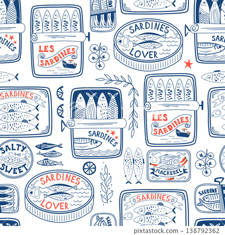 Blue Portuguese sardines cans seamless pattern. Vector la dolce vita print with line drawing fish tins. Blue Portuguese sardines cans seamless pattern. Vector la dolce vita print with line drawing fish tins. 138792362