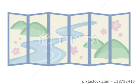 A cute folding screen illustration depicting a landscape of mountains and rivers. A cute folding screen illustration depicting a landscape of mountains and rivers. 138792416