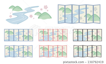 A set of cute folding screen illustrations depicting mountain and river scenery. A set of cute folding screen illustrations depicting mountain and river scenery. 138792419