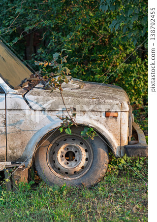 Old dirty off-road vehicle illuminated by evening light with a tree growing through it in garden Old dirty off-road vehicle illuminated by evening light with a tree growing through it in garden 138792455