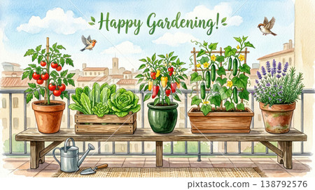 Colorful illustration of a balcony garden with various plants, pots, and cheerful birds, featuring a "Happy Gardening!" message above 138792576