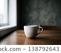 Cozy morning coffee with steam in warm sunlight minimal lifestyle. 138792643