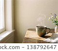 Cozy morning coffee with steam in warm sunlight minimal lifestyle. 138792647