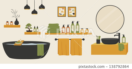 Modern Japandi bathroom furniture and spa elements set vector illustration. Modern Japandi bathroom furniture and spa elements set vector illustration. 138792864