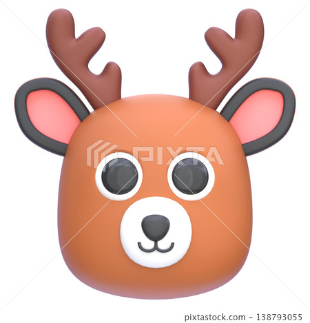 Cute 3D Deer Icon, Cartoon Forest Animal Face, Adorable Antler Character, Soft Rounded Illustration for UI App Sticker Mascot Design 138793055