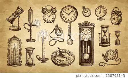 Ink illustrations of antique clocks. Big set. Ink illustrations of antique clocks. Big set. 138793143