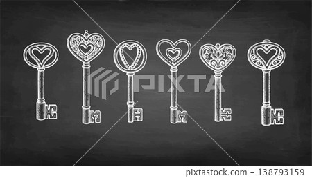Heart shaped keys. Big set of chalk sketches. Heart shaped keys. Big set of chalk sketches. 138793159