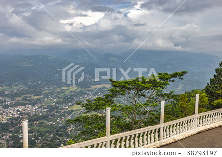 View from Ambuluwawa Tower, multi-religious temple complex located in Gampola, in Sri Lanka. Panoramic Mountain Vista with Lush Green Landscape and Distant Urban Settlements View from Ambuluwawa Tower, multi-religious temple complex located in Gampola, in Sri Lanka. Panoramic Mountain Vista with Lush Green Landscape and Distant Urban Settlements 138793197