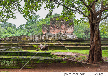 Ancient Royal Palace Ruins in Polonnaruwa, Sri Lanka. Ancient brick architecture stands tall amidst lush green foliage, framed by a striking tree in a historical forest temple Ancient Royal Palace Ruins in Polonnaruwa, Sri Lanka. Ancient brick architecture stands tall amidst lush green foliage, framed by a striking tree in a historical forest temple 138793243
