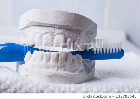 Blue toothbrush with dental gypsum 138793543