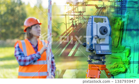 Surveyor wears an orange hard hat and high-visibility vest 138793947