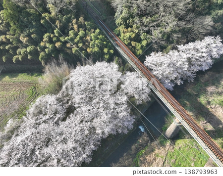 Kurokawa Bridge, cherry blossoms and Ashitaka Railway Bridge, aerial footage of a clear spring scene. Kurokawa Bridge, cherry blossoms and Ashitaka Railway Bridge, aerial footage of a clear spring scene. 138793963