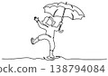 Cheerful girl walk and jump under umbrella. Walk outdoors in rain. 138794084