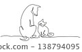 Small cat and big dog sitting together. Continuous one line drawing. 138794095