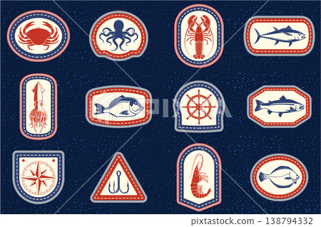 Nautical and seafood embroidery patch set vector collection with fish crab lobster shrimp octopus anchor compass and ship wheel marine badges isolated on denim background Nautical and seafood embroidery patch set vector collection with fish crab lobster shrimp octopus anchor compass and ship wheel marine badges isolated on denim background 138794332