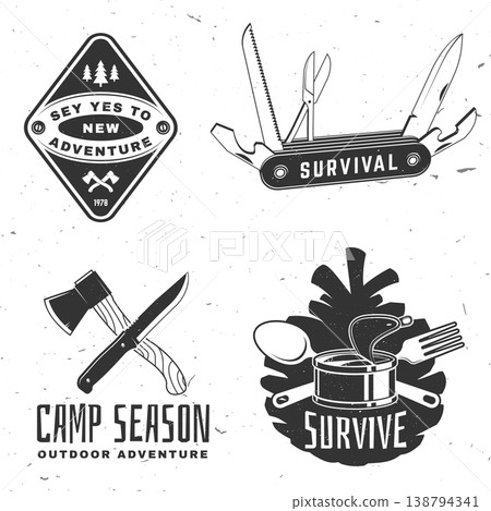 Survival and bushcraft set vector collection with multitool knife axe and camping food outdoor adventure equipment vintage design for t shirt poster sticker isolated background Survival and bushcraft set vector collection with multitool knife axe and camping food outdoor adventure equipment vintage design for t shirt poster sticker isolated background 138794341