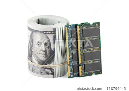 Computer memory ram with hundred dollar bills banknotes on white background. Concept of rising memory prices, expensive PC components and AI-driven demand.  138794443