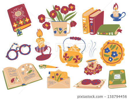 Vintage Tea Set And Books Doodle 138794456