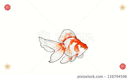 一幅簡潔的日式插畫，描繪了一條金魚和梅花，背景是白色和紙，留有大量的空白。 138794596