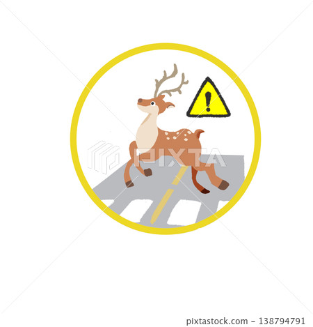 Deer crossing warning sign illustration (round frame, yellow border) - Road sign - Wild animal warning 138794791