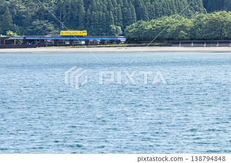 A yellow Kiha 40 train runs across a railway bridge over the Hosoda River, which flows into the Odotsu Beach in Nichinan City, Miyazaki Prefecture. A yellow Kiha 40 train runs across a railway bridge over the Hosoda River, which flows into the Odotsu Beach in Nichinan City, Miyazaki Prefecture. 138794848