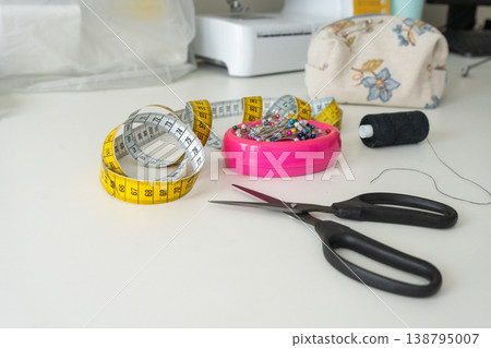 Sewing Machine and Tailoring Tools on White Background.  138795007