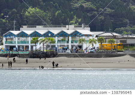 A yellow Kiha 40 train passes by Odotsu Beach in front of Odotsu Station on the JR Kyushu Nichinan Line in Nichinan City, Miyazaki Prefecture. 138795045