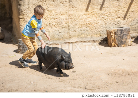 Young boy interacting with small black pig outdoors 138795051