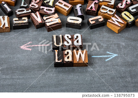 USA Law Concept With Opposing Arrows and Wooden Letter Blocks 138795073