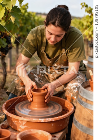 Woman shaping clay on pottery wheel in outdoor vineyard courtyard workshop 138795105